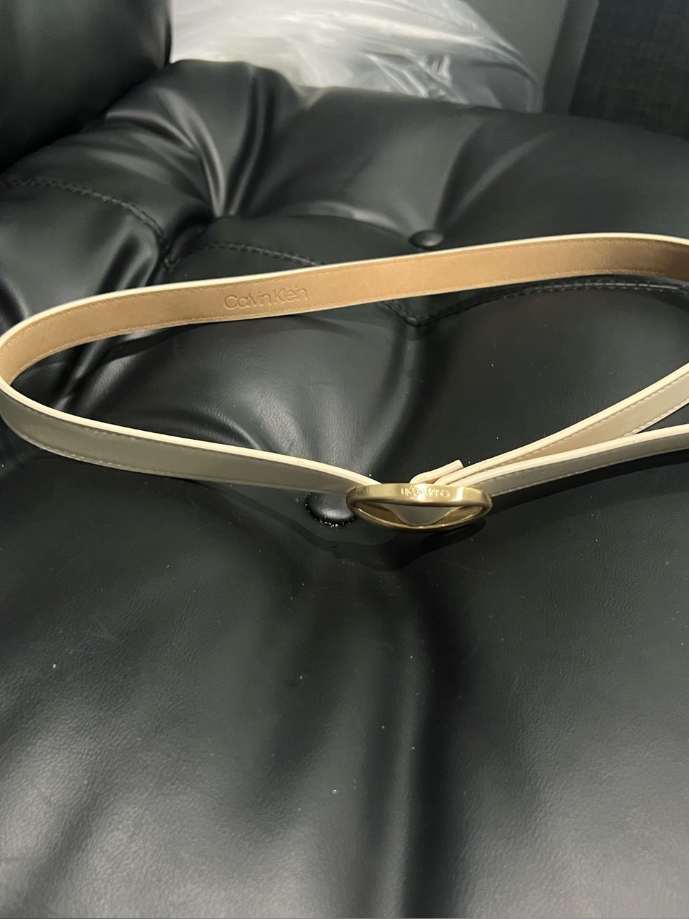 Calvin Klein Beige Belt with Gold Oval Buckle